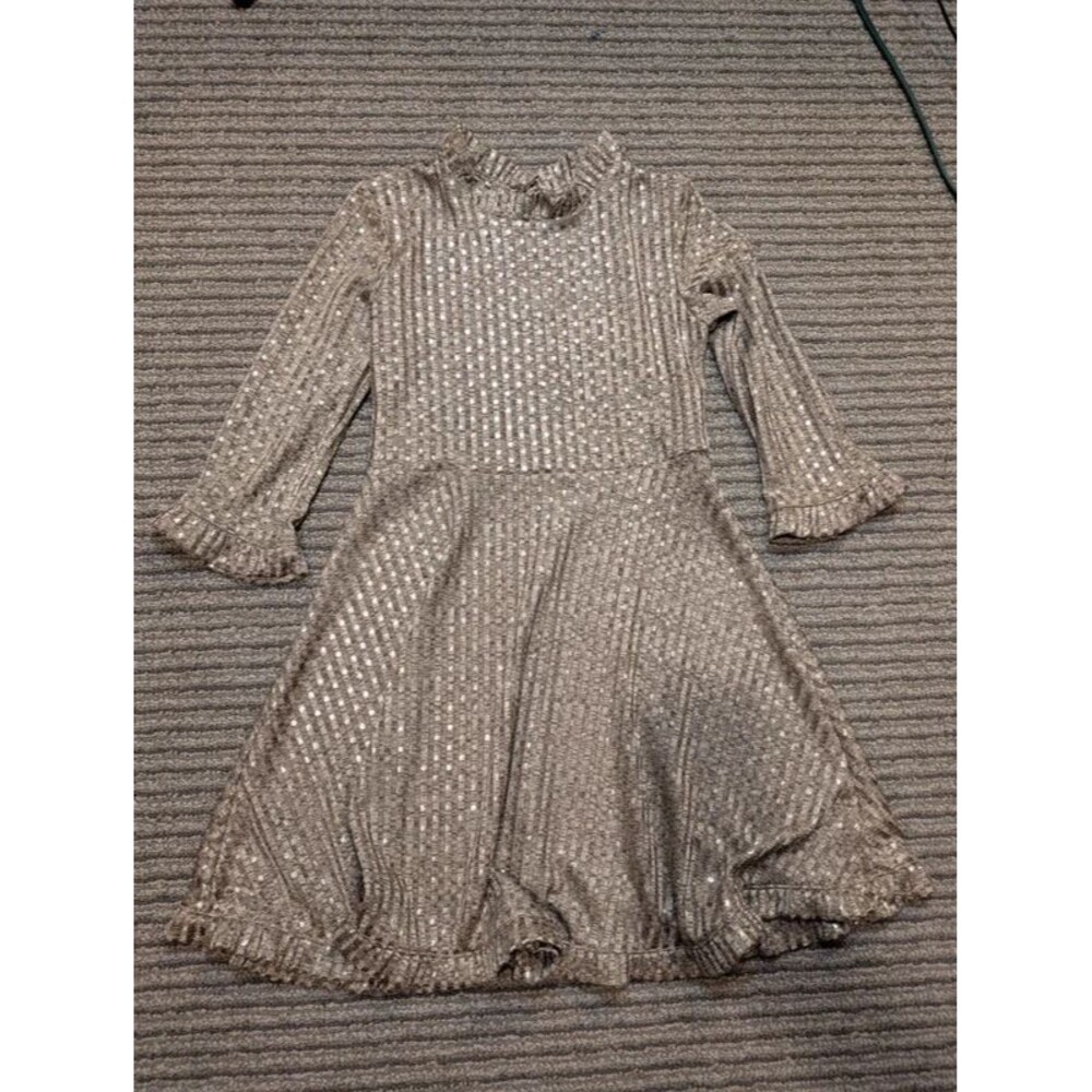 Art Class Silver Metallic Fit & Flare Dress S (6/6X) Ruffle Button 3/4 Knee